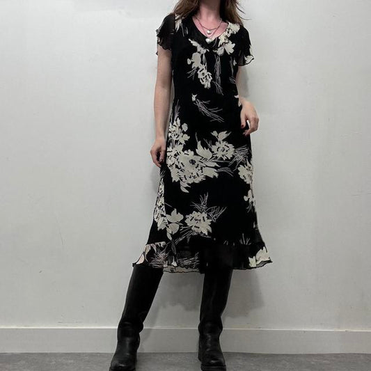 Black floral bias cut 90s dress