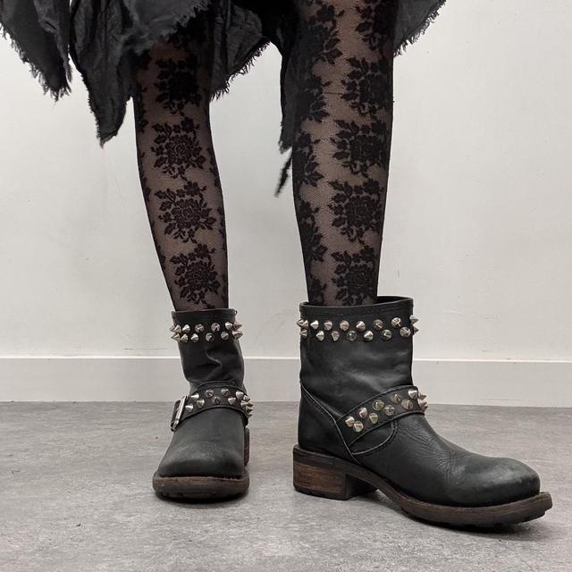 Black leather punk studded boots
