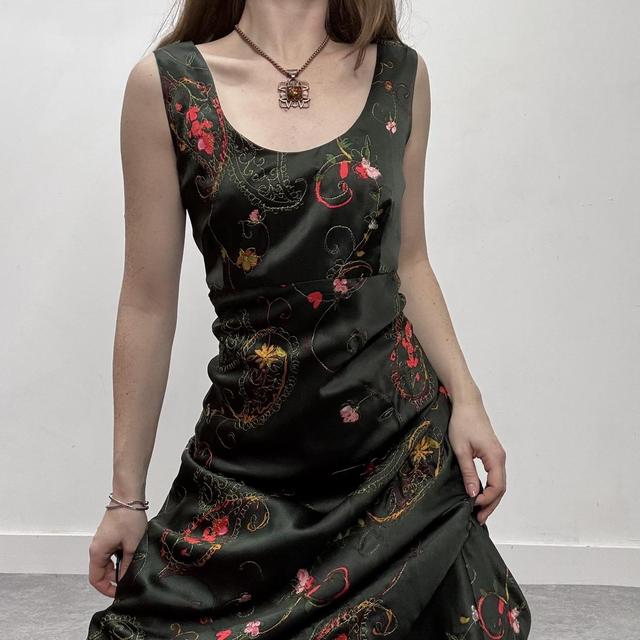 Dark green silk bias cut embroidery dress