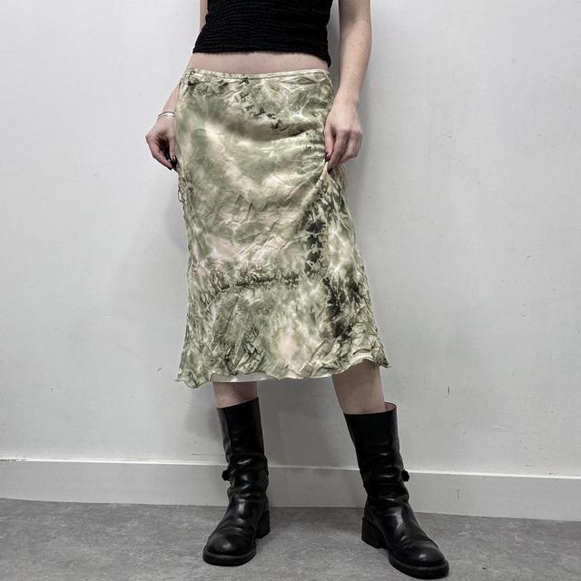 Green mesh distressed print midi skirt