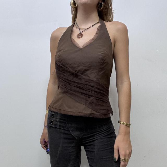 Brown fitted mesh halter vest