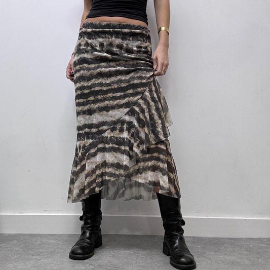 Sheer mesh distressed print ruffle midi skirt