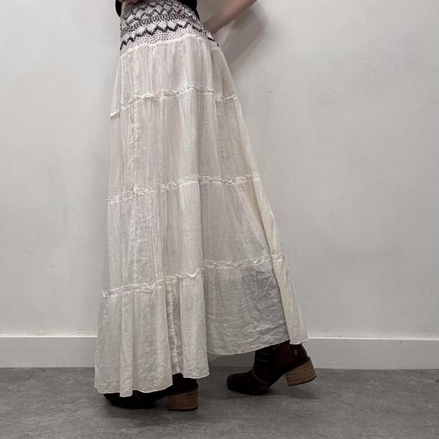 White cotton tiered embroidered maxi skirt