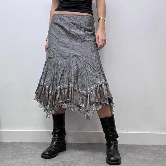 Crinkle asymmetric lace midi skirt