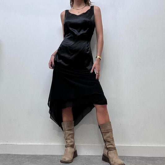 Black silk asymmetrical wide neck midi dress