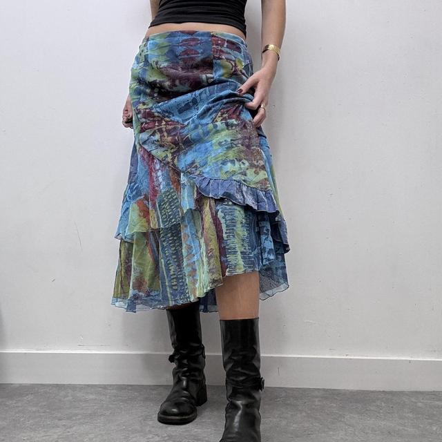 Blue printed graphic mesh y2k midi skirt