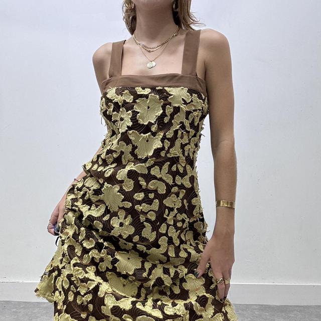 Brown flower distressed frayed midi dress