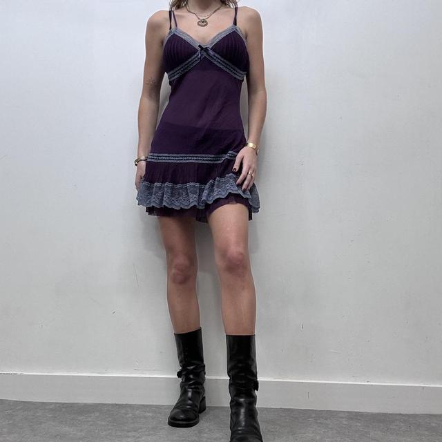 Purple ruffle sheer lace slip dress