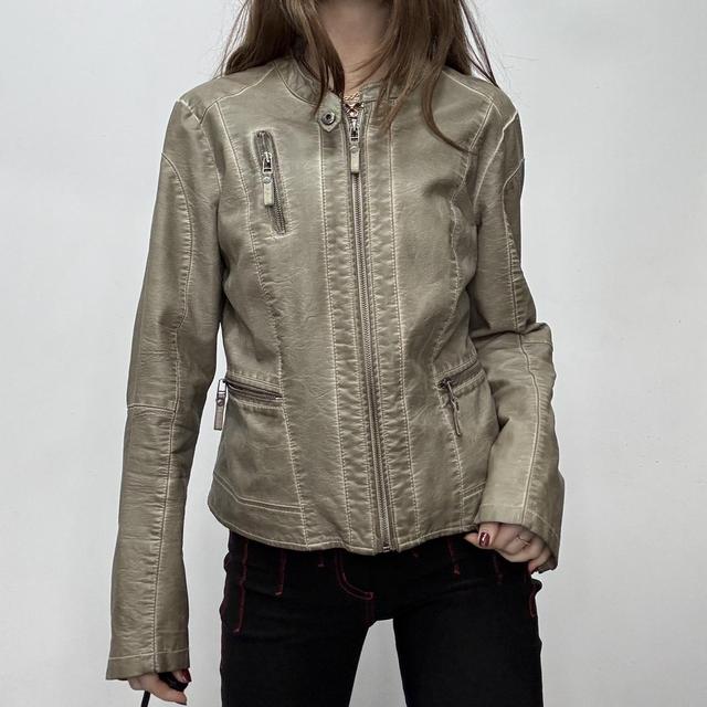Distressed khaki vegan leather jacket