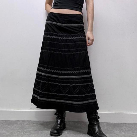 Black ribbon flared midi skirt