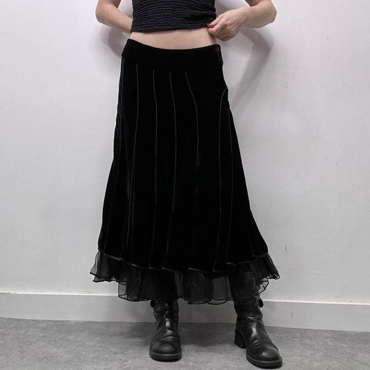 Black velvet grunge flared maxi skirt