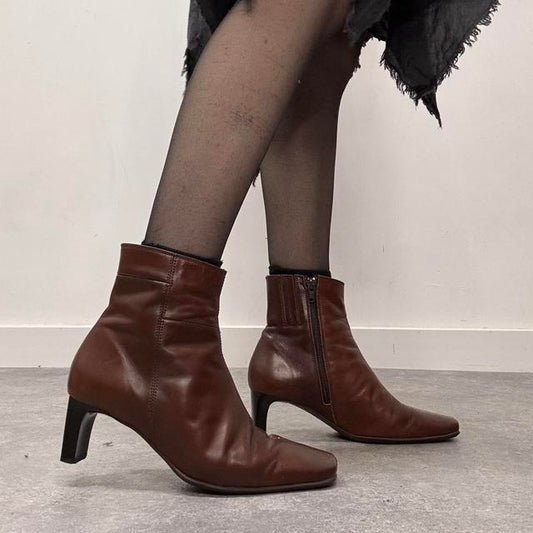 Brown leather heel ankle boots