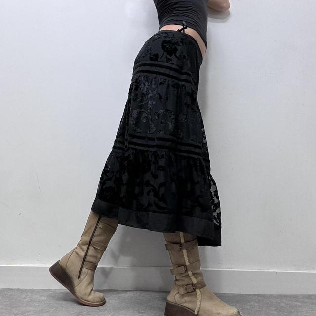 Black tiered velvet floral patterned midi skirt