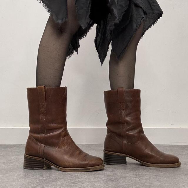 Brown leather square toe boots