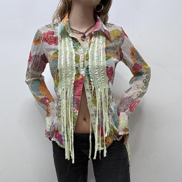 Sheer crinkle floral lace shirt