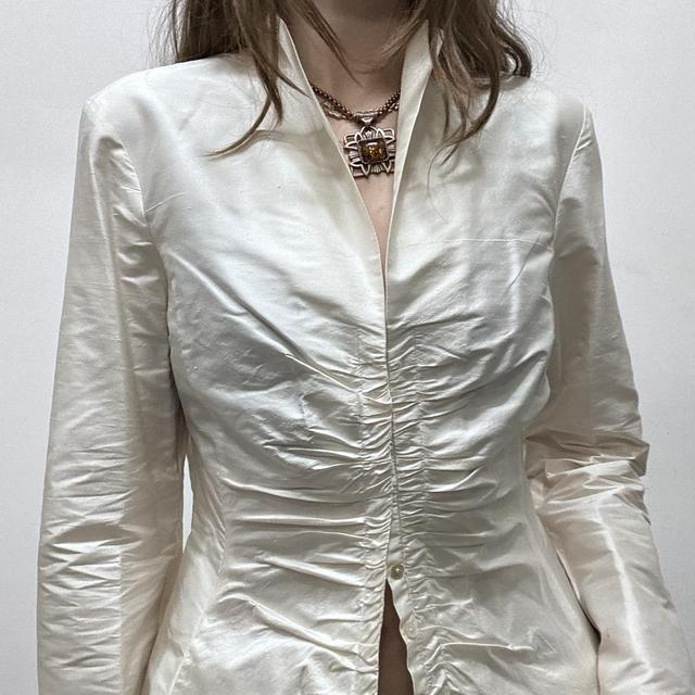 Cream gathered silk flared shirt