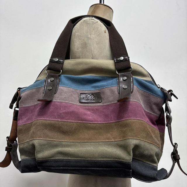 Striped canvas leather shoulder bag