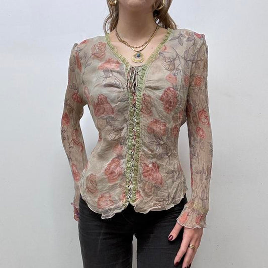 Sheer crinkle floral lace up fairy shirt