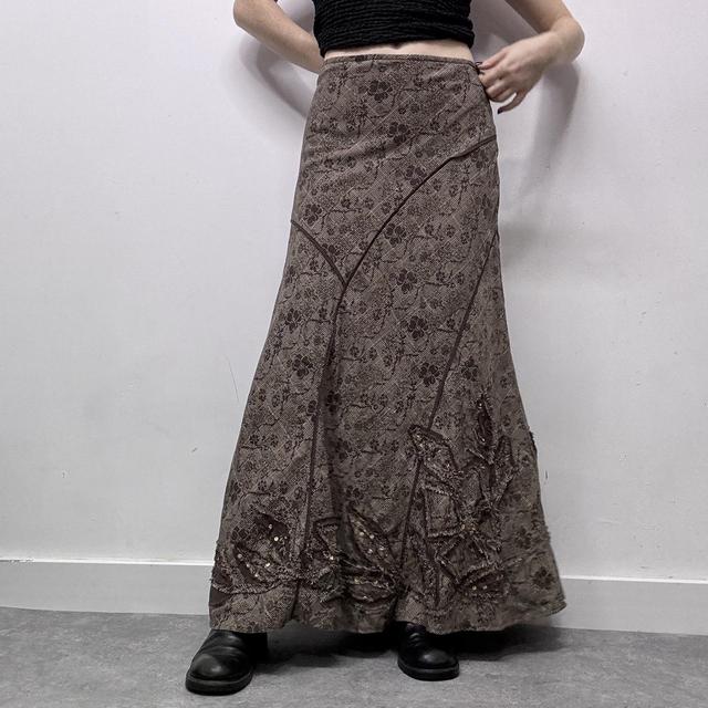 Brown floral checked tweed style maxi skirt