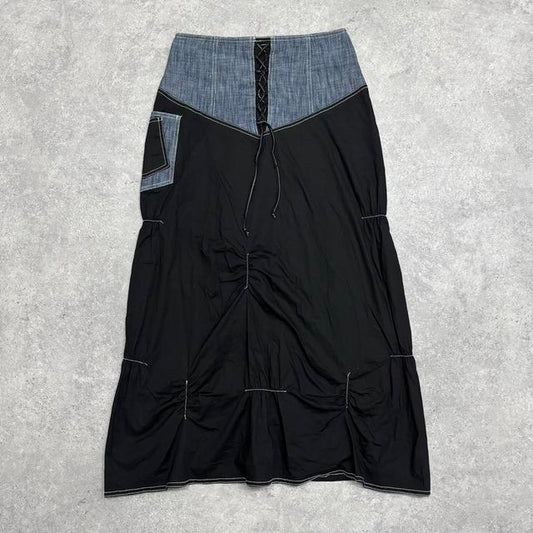 Denim panelled ruched maxi skirt