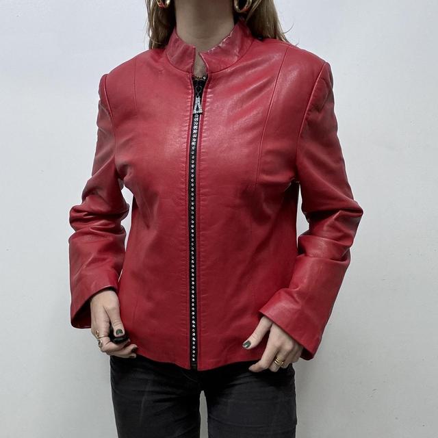Red leather diamond studded zip jacket