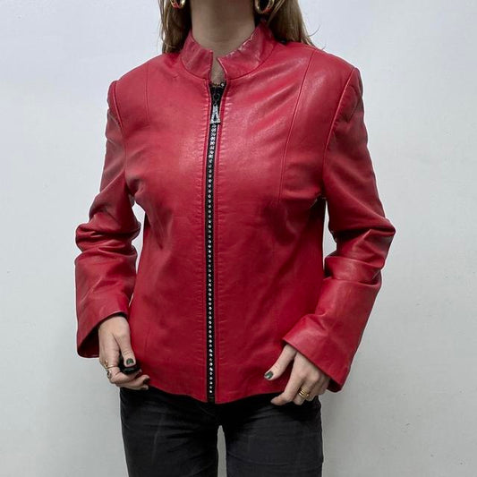 Red leather diamond studded zip jacket