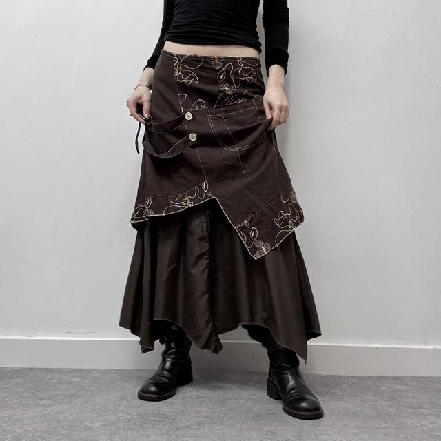 Brown layered embroidered maxi skirt