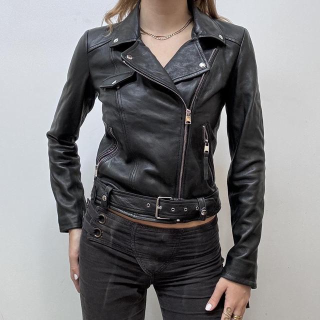 Cropped black leather biker jacket
