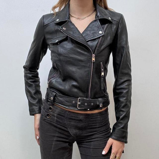 Cropped black leather biker jacket