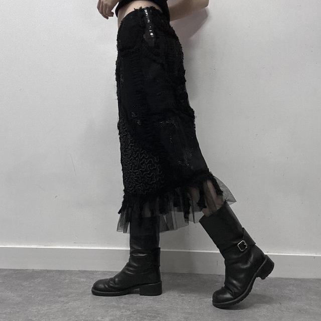 Black sheer embroidered lace midi skirt