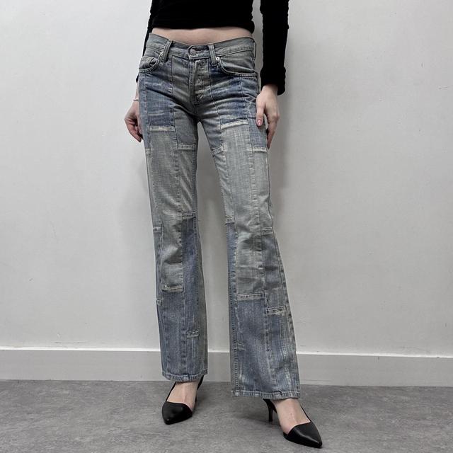 Distressed denim patchwork jeans