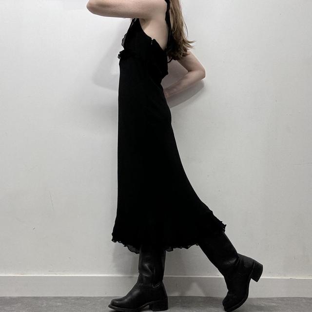 Black ruffle flared bias dress