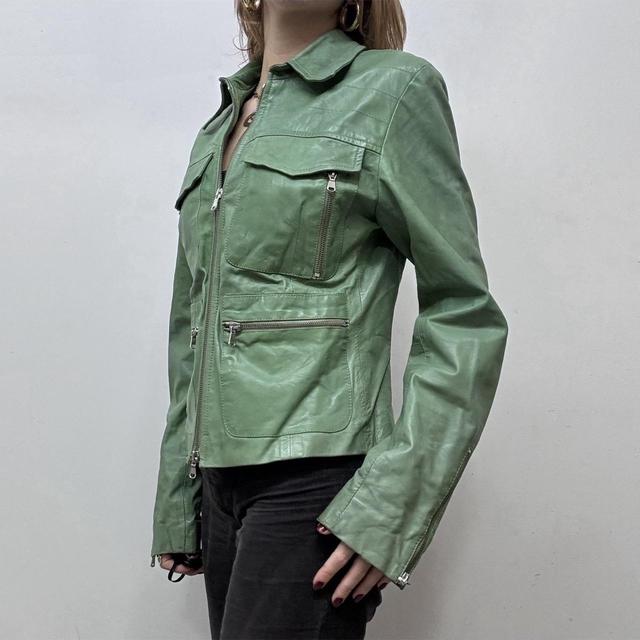 Green leather cargo jacket