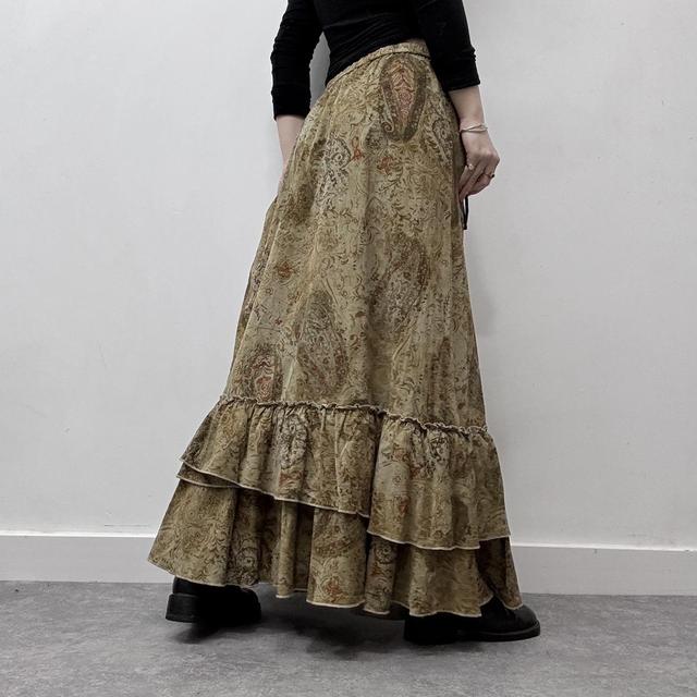 Corduroy flared ruffle paisley maxi skirt