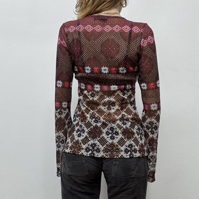 Graphic printed y2k flared mesh shirt