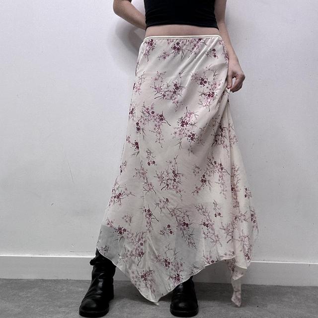 Sheer cream floral asymmetric maxi skirt