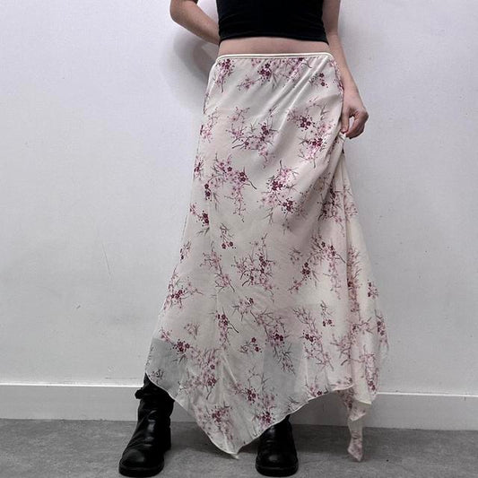 Sheer cream floral asymmetric maxi skirt