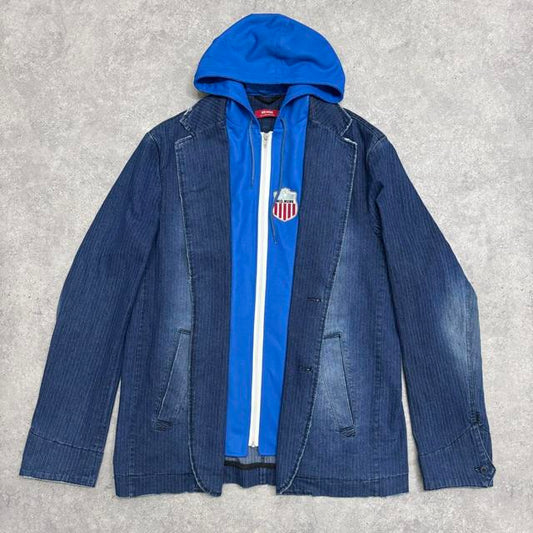 Pinstripe denim blazer with hoodie