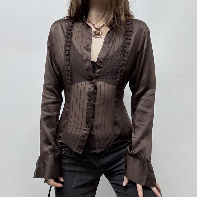 Brown sheer silk pinstripe ruffle shirt