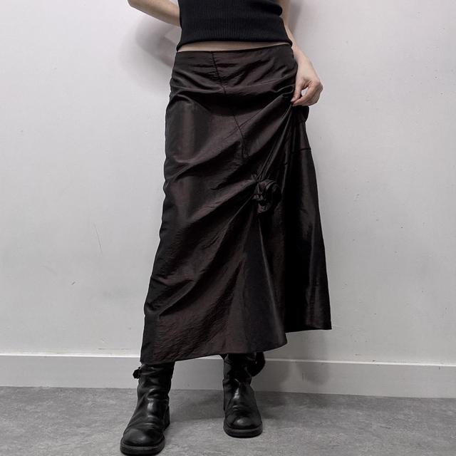 Brown satin layered asymmetric maxi skirt