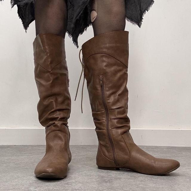 Faux leather lace up slouchy boots