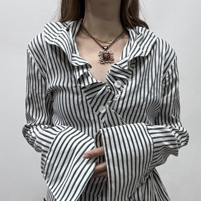 White pinstripe wrap ruffle shirt