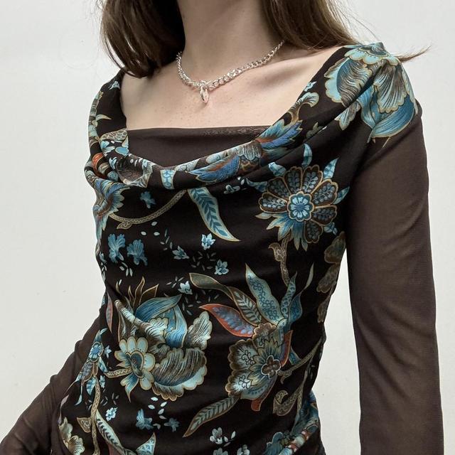 Brown floral cowl neck mesh top