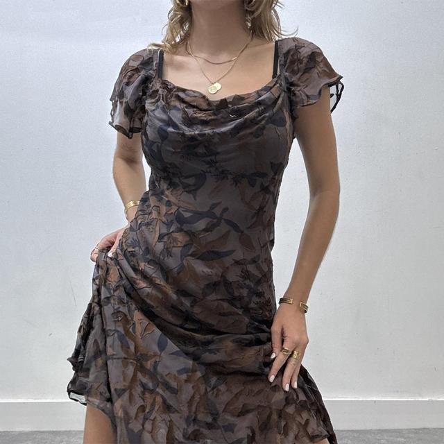 Draped cowl neck floral velvet silk dress