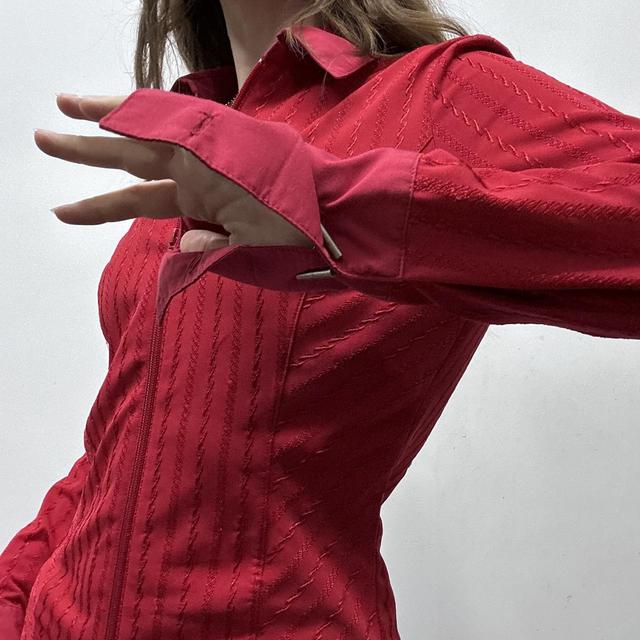 Red zip up pinstripe flared shirt