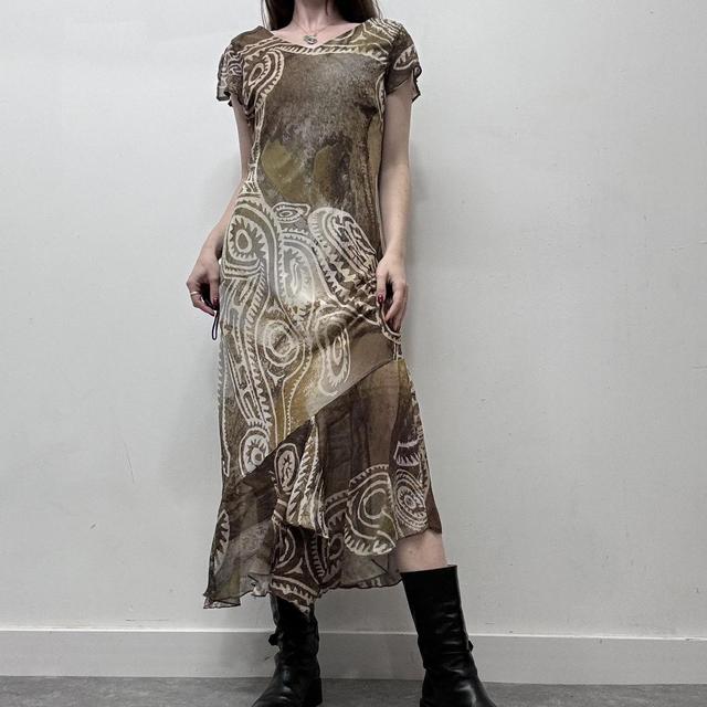 Distressed brown patterned bias cut 90s dress