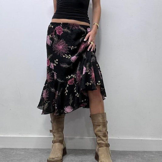 Black floral ruffle midi skirt