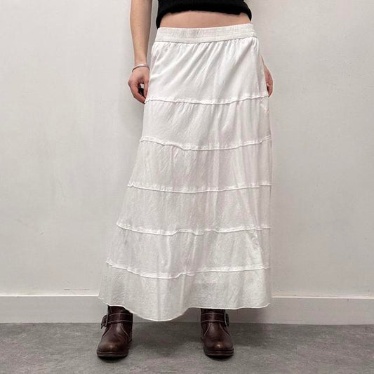 White cotton tiered maxi skirt