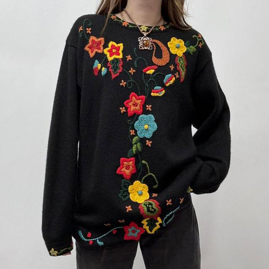 Black vintage flower knitted jumper