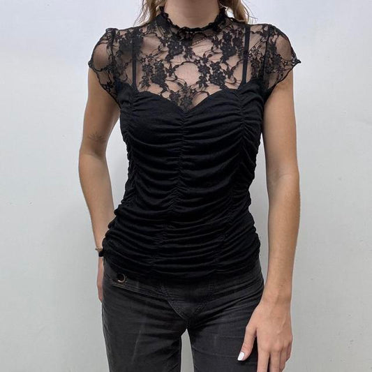Black lace ruched corset shirt